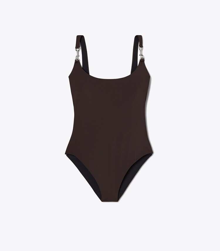 Tory Burch diseñador enterizos Traje de baño sin mangas con broche en Dark Brown frente