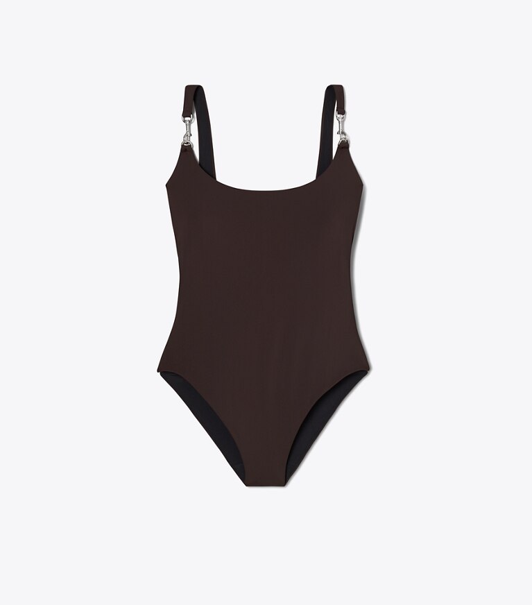 Tory Burch diseñador enterizos Traje de baño sin mangas con broche en Dark Brown frente
