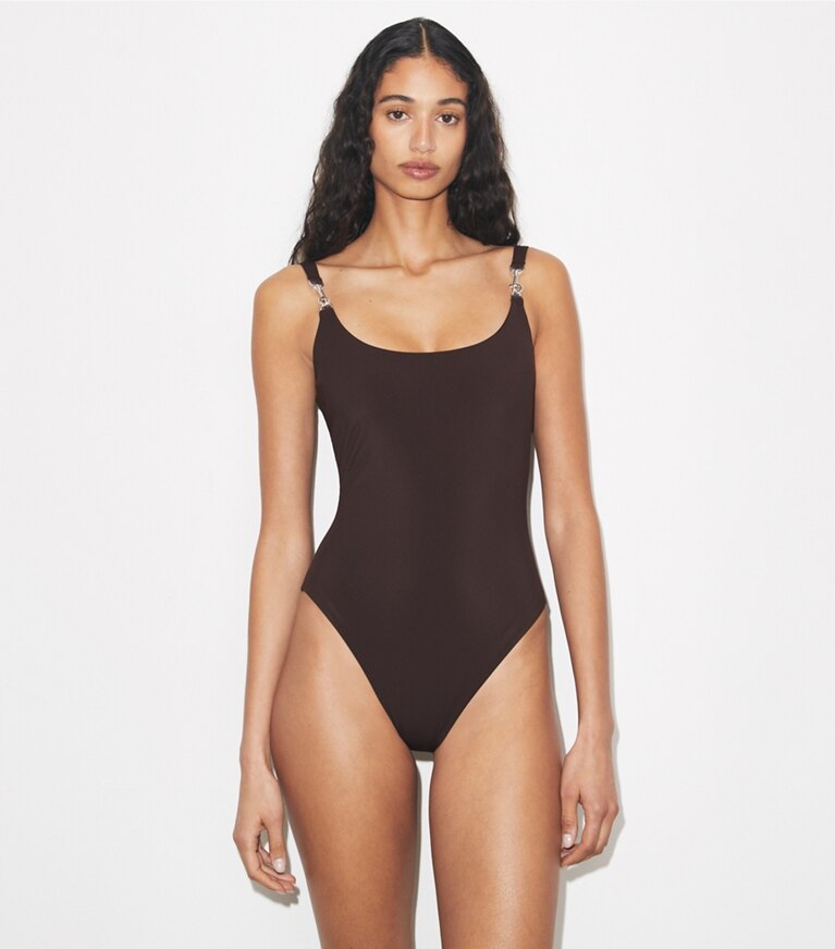 Tory Burch diseñador enterizos Traje de baño sin mangas con broche en Dark Brown detalle en modelo