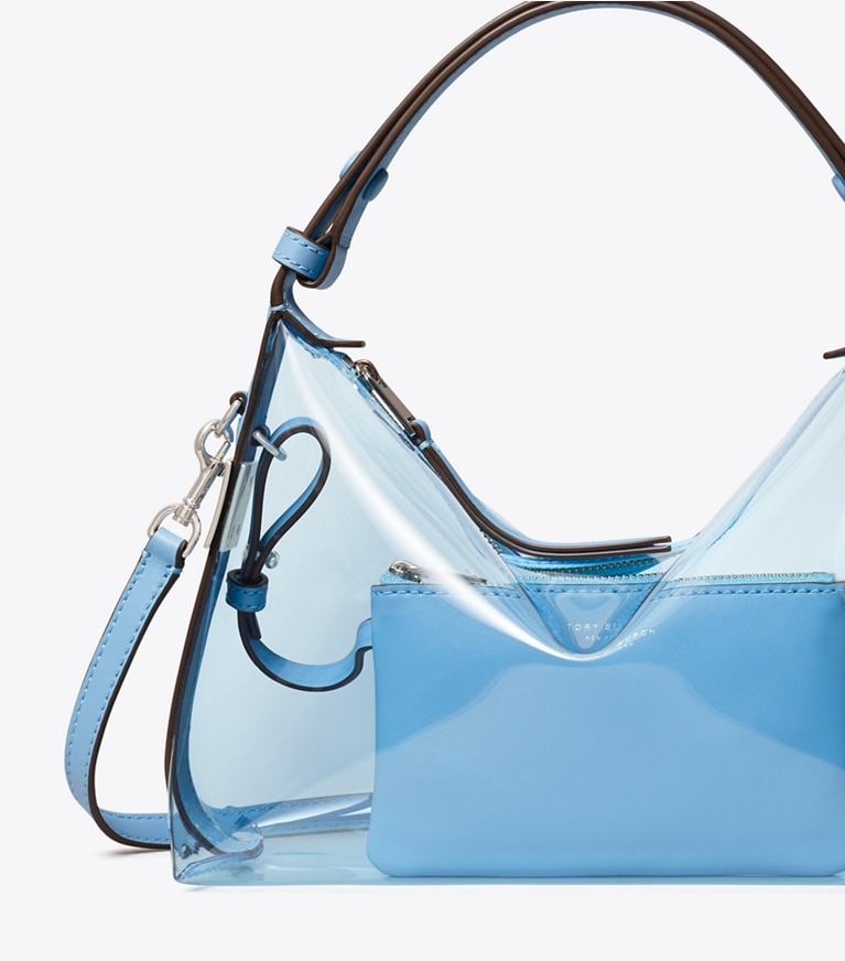 Tory Burch designer schultertaschen Transparente Mellow Schultertasche in Pool Blue detail