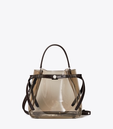 Tory Burch designer crossbody bags Transparente Romy Bucket Bag in Root Beer Float front