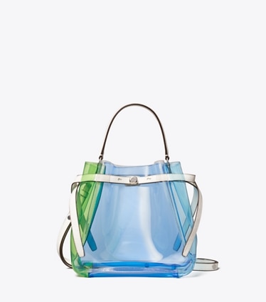 Tory Burch designer crossbody bags Transparente Romy Bucket Bag in Colorblock-Optik in Pool Blue front