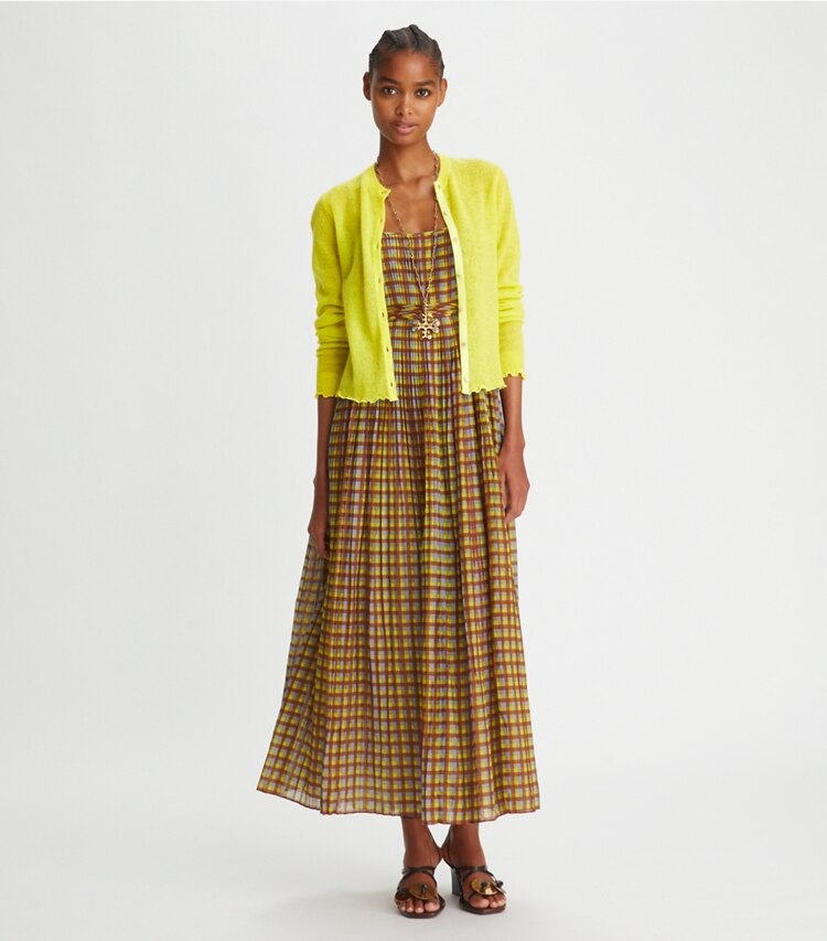 Tory Burch designer strickware Transparenter Cardigan mit Rundhalsausschnitt in Summer Citrus modell von vorn