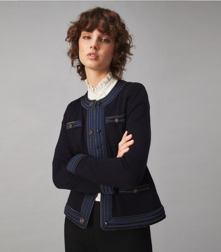 Tory Burch designer sweaters Trapunto Embellished Kendra Cardigan in Medium Navy on model detail