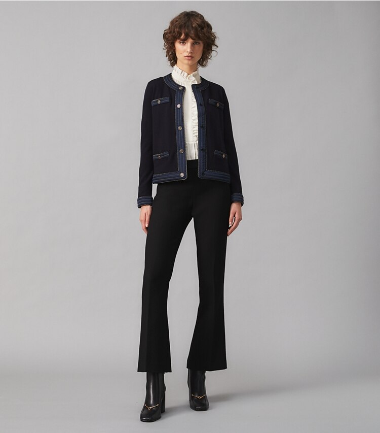 Tory Burch designer sweaters Trapunto Embellished Kendra Cardigan in Medium Navy on model front