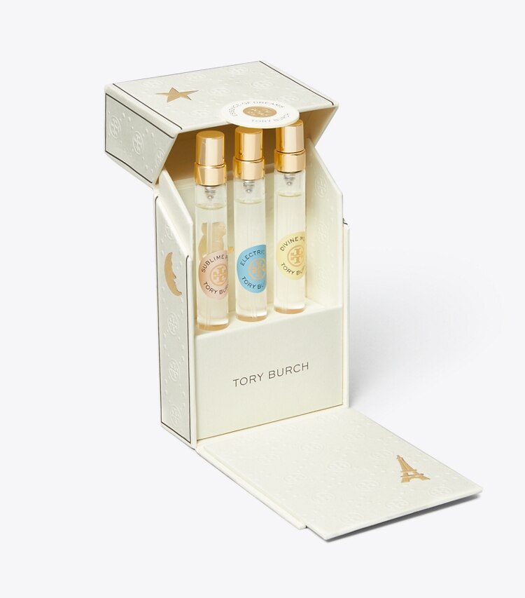 Tory Burch designer perfume Travel Spray Charm Set in YELLOW/BLUE/PINK detail