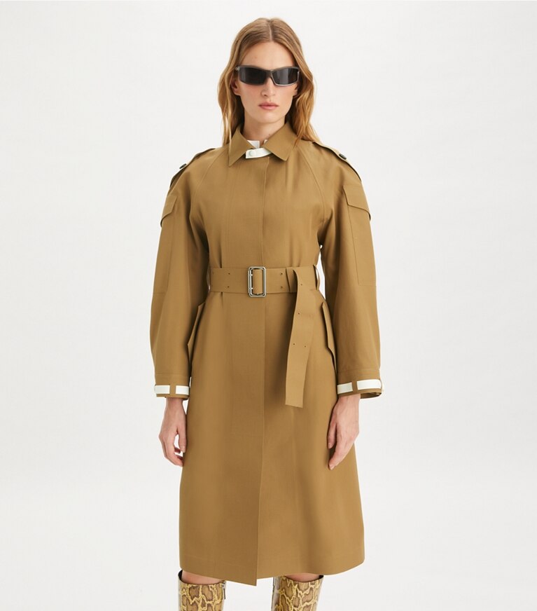 Tory Burch designer manteaux Trench-coat en laine dans Dark Sandalwood détail sur modèle
