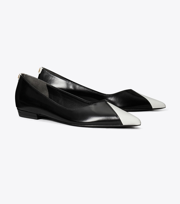 Tory Burch designer flats Triangle Pointed Flat in PERFECT BLACK / SALT angle