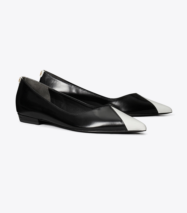 Tory Burch designer flats Triangle Pointed Flat in PERFECT BLACK / SALT angle