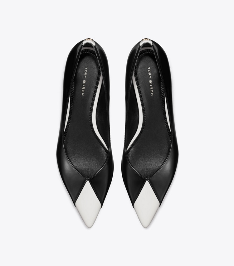 Tory Burch designer flats Triangle Pointed Flat in PERFECT BLACK / SALT overhead