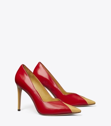 Tory Burch designer heels Triangle Pump in TRIPLE RED / SAND BUFF angle