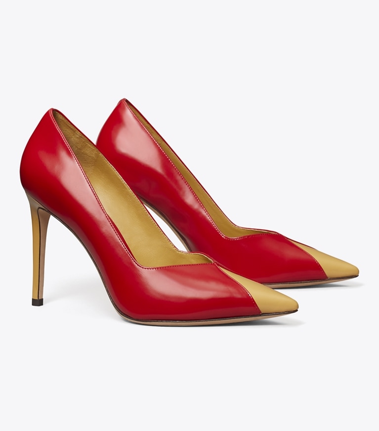 Tory Burch designer heels Triangle Pump in TRIPLE RED / SAND BUFF angle