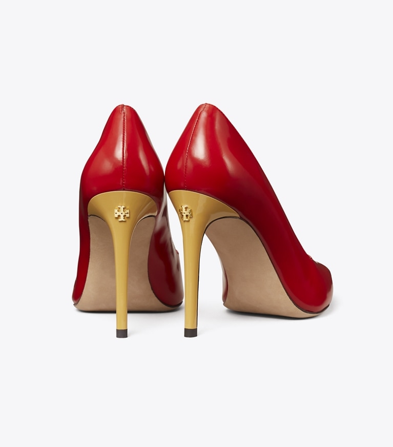Tory Burch designer heels Triangle Pump in TRIPLE RED / SAND BUFF angle