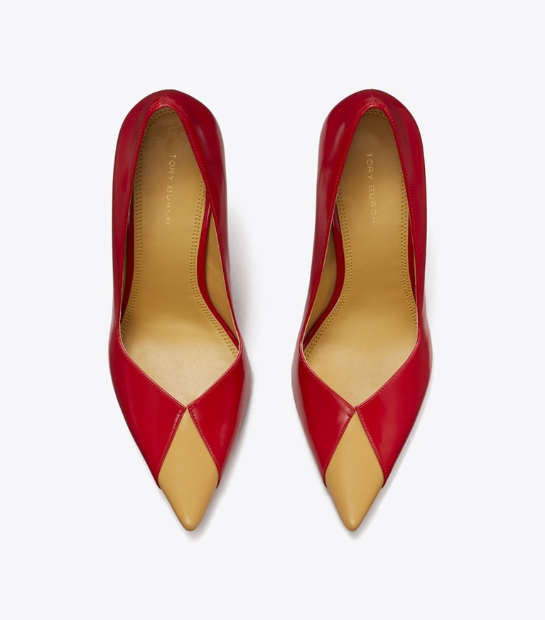 Tory Burch designer heels Triangle Pump in TRIPLE RED / SAND BUFF angle