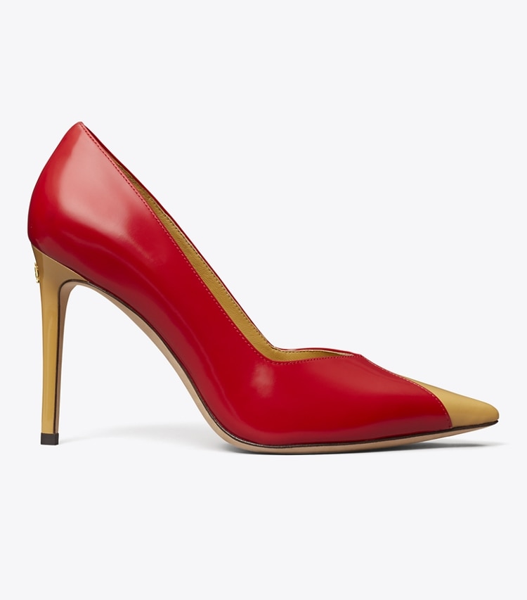 Tory Burch designer heels Triangle Pump in TRIPLE RED / SAND BUFF side
