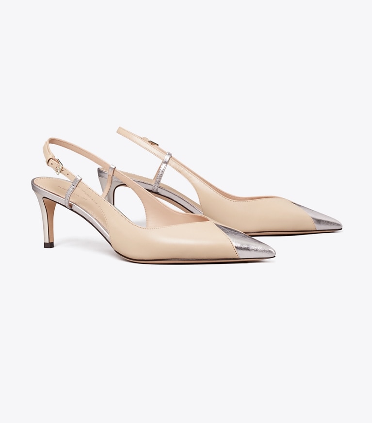 Tory Burch designer heels Triangle Slingback in SEASHELL PINK / ARGENTO LAME angle
