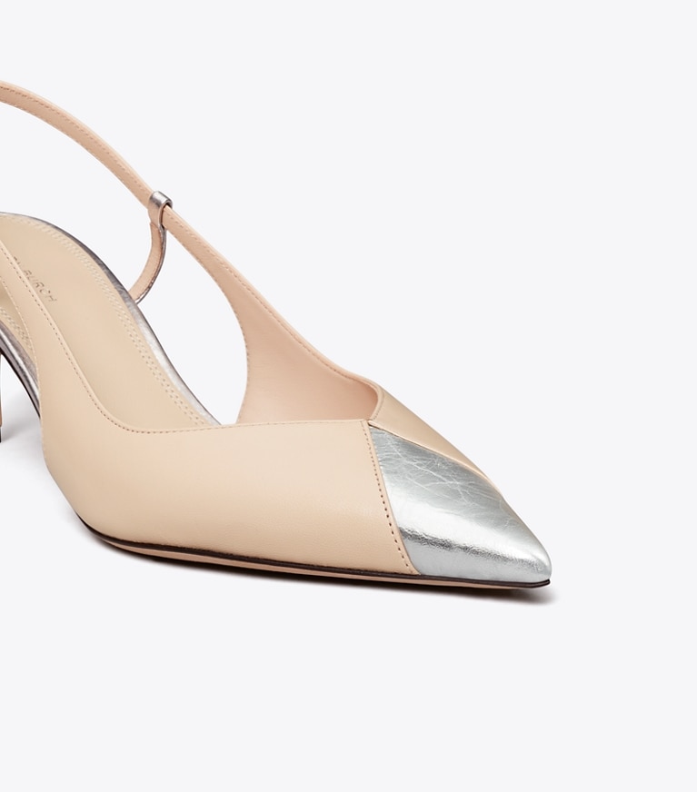 Tory Burch designer heels Triangle Slingback in SEASHELL PINK / ARGENTO LAME angle