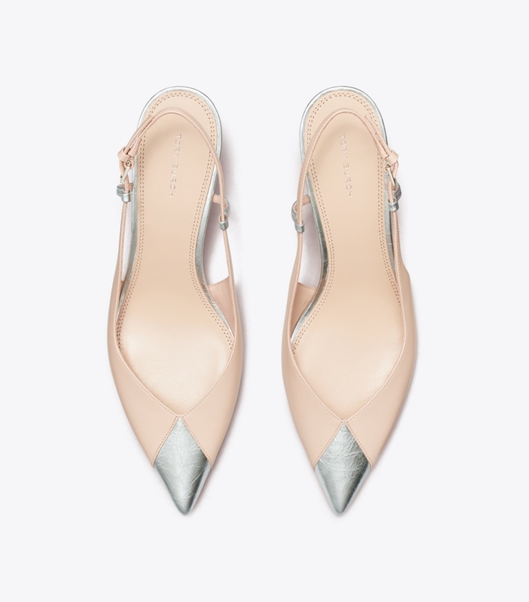 Tory Burch designer heels Triangle Slingback in SEASHELL PINK / ARGENTO LAME angle