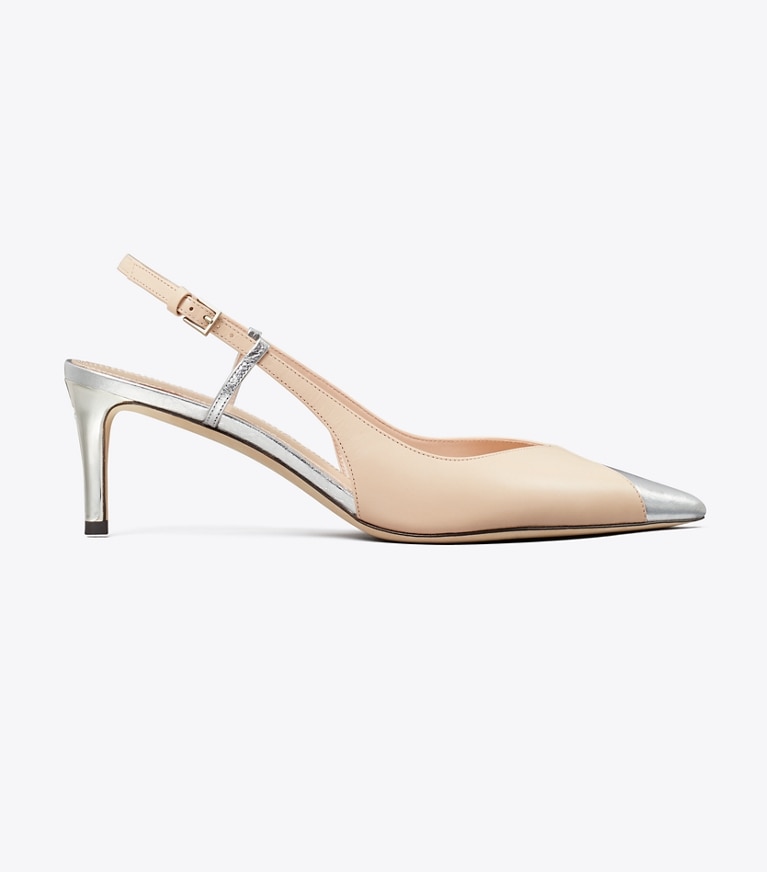 Tory Burch designer heels Triangle Slingback in SEASHELL PINK / ARGENTO LAME angle