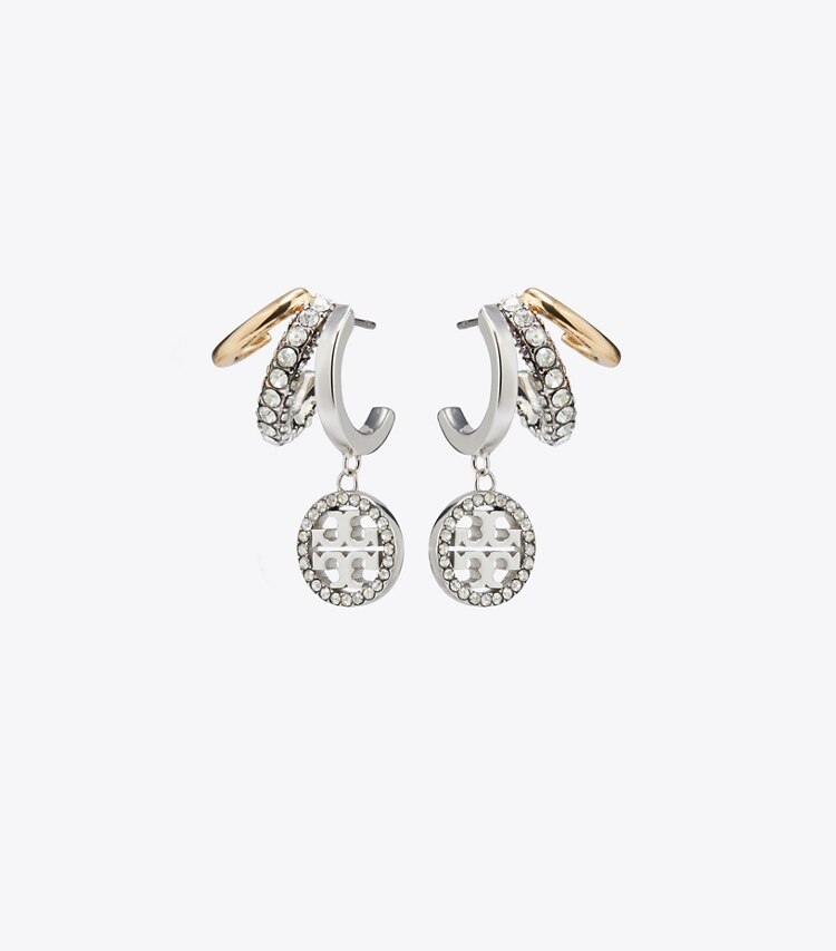 Tory Burch designer boucles d'oreilles Triple créoles pavées Icon in Tory Gold / Tory Silver / Crystal front