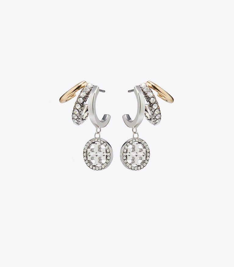 Tory Burch designer boucles d'oreilles Triple créoles pavées Icon in Tory Gold / Tory Silver / Crystal front