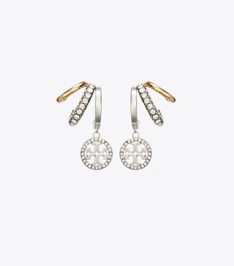 Tory Burch designer boucles d'oreilles Triple créoles pavées Miller in Tory Gold / Tory Silver / Crystal front