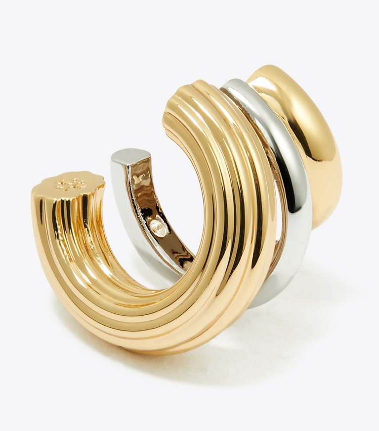 Tory Burch designer earrings Triple Hoop Earring in Light Brass / Light Silver front