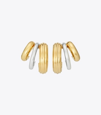 Tory Burch designer earrings Triple Hoop Earring in Light Brass / Light Silver front