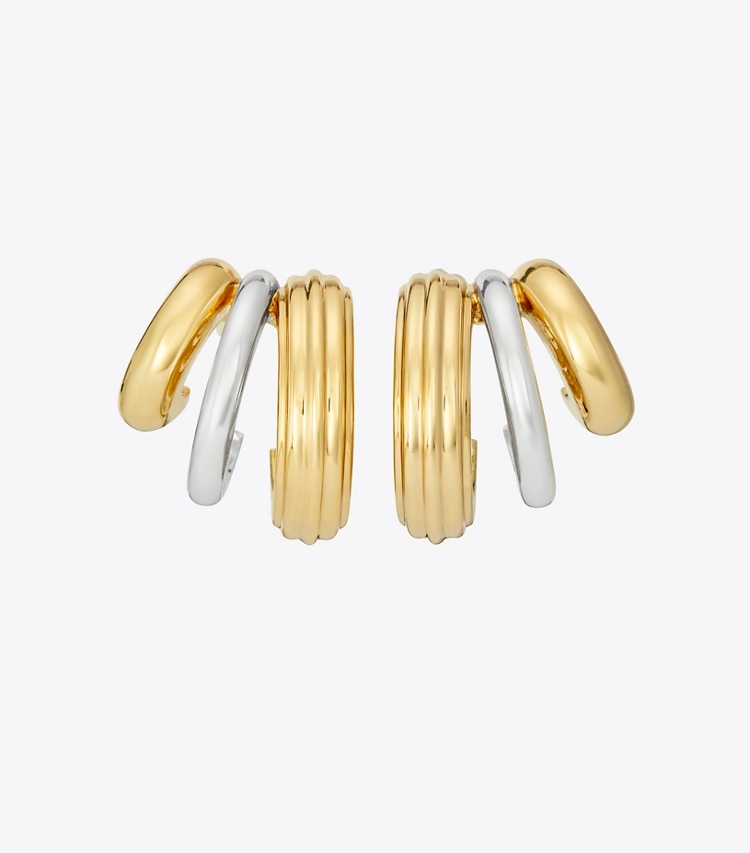 Tory Burch designer earrings Triple Hoop Earring in Light Brass / Light Silver front
