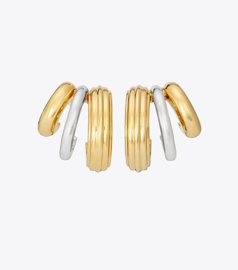 Tory Burch designer earrings Triple Hoop Earring in Light Brass / Light Silver front