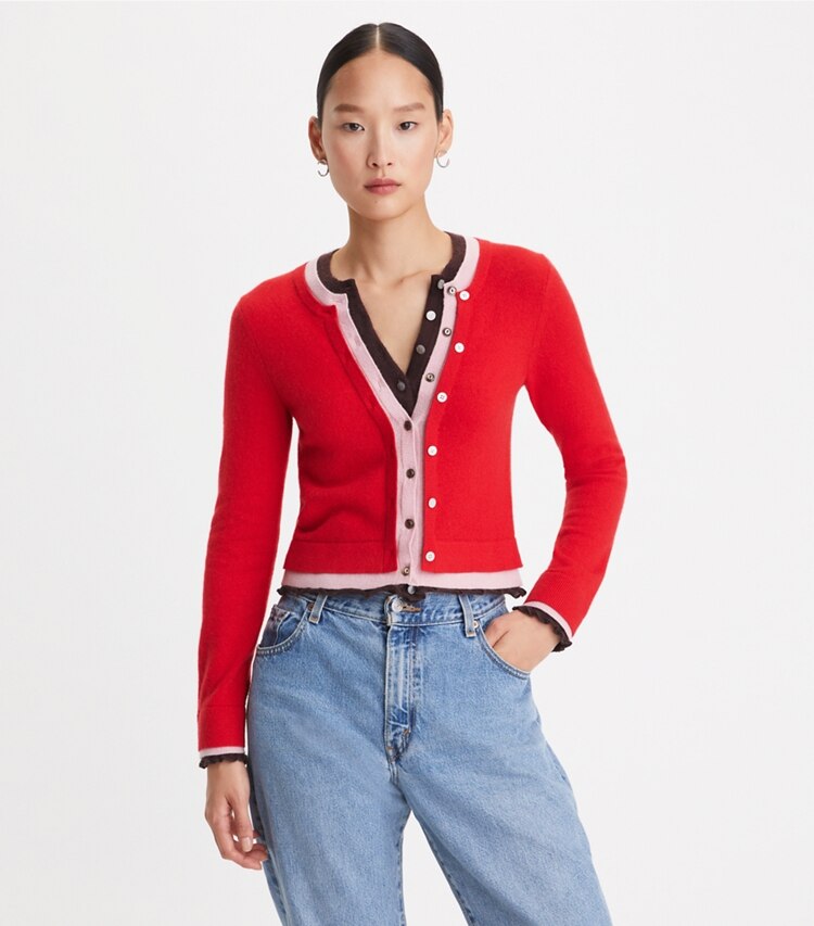Tory Burch designer sweaters Triple Layer Cashmere Cardigan in Radish Red / Evening Plum on model detail