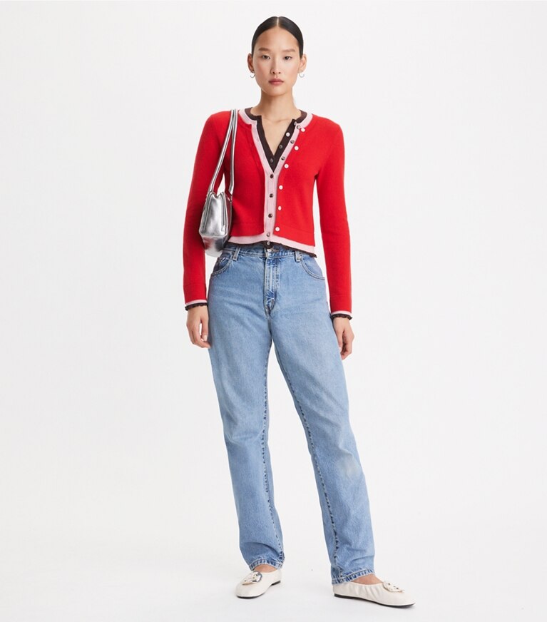 Tory Burch designer sweaters Triple Layer Cashmere Cardigan in Radish Red / Evening Plum front