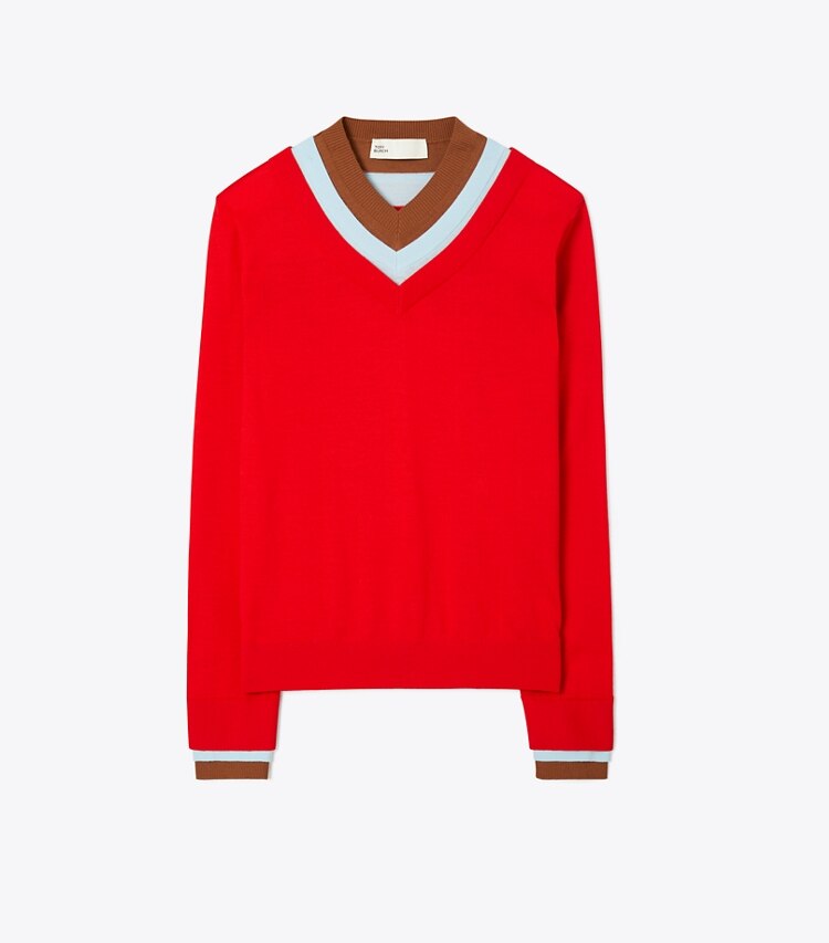 Tory Burch designer sweaters Triple Layer Colorblock Sweater in Fiery Red front