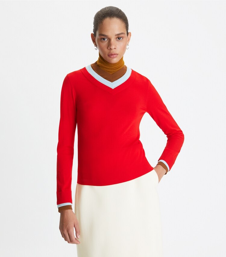 Tory Burch designer sweaters Triple Layer Colorblock Sweater in Fiery Red on model detail