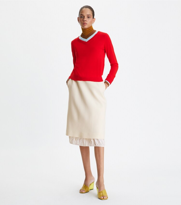 Tory Burch designer sweaters Triple Layer Colorblock Sweater in Fiery Red on model front