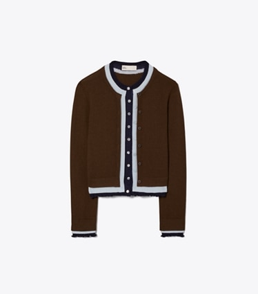 Tory Burch designer セーター トリプルレイヤー ウール カシミア カーディガン in Chocolate Mink Multi front