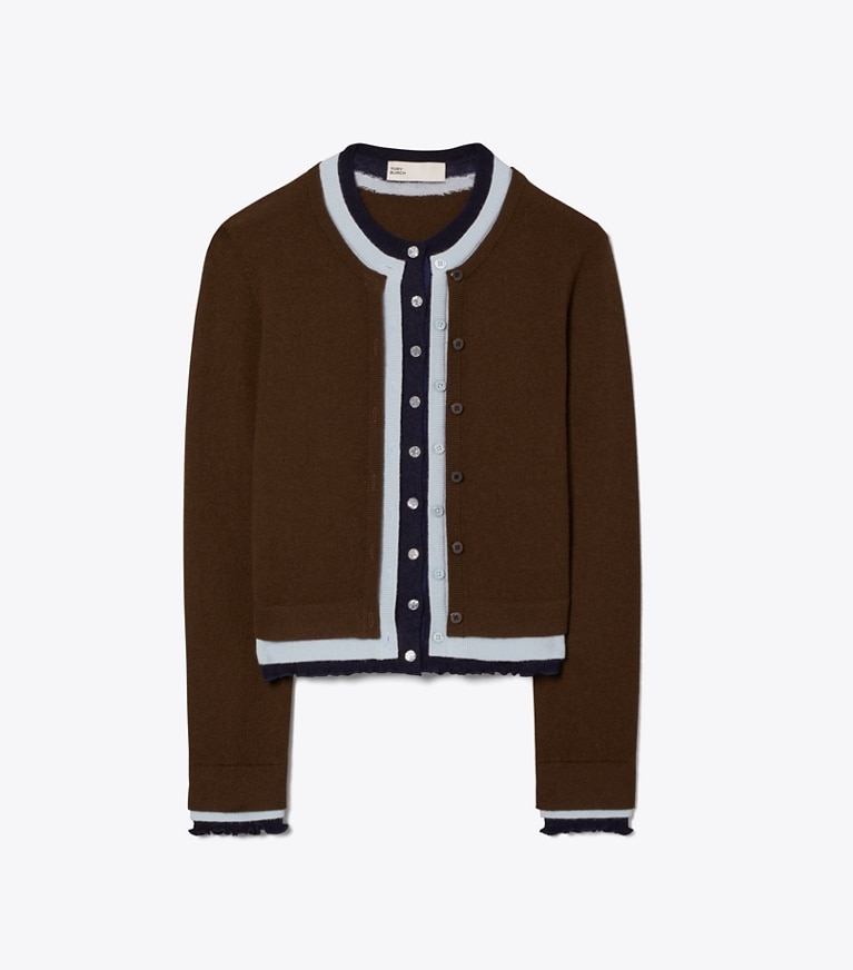 Tory Burch designer セーター トリプルレイヤー ウール カシミア カーディガン in Chocolate Mink Multi front