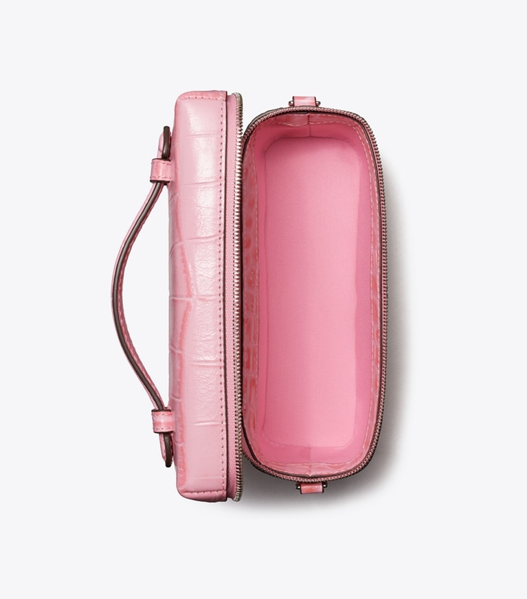 Tory Burch designer sacs à bandoulière Trousse de beauté Charlie en cuir embossé façon crocodile dans Rose Sunset vue du dessus