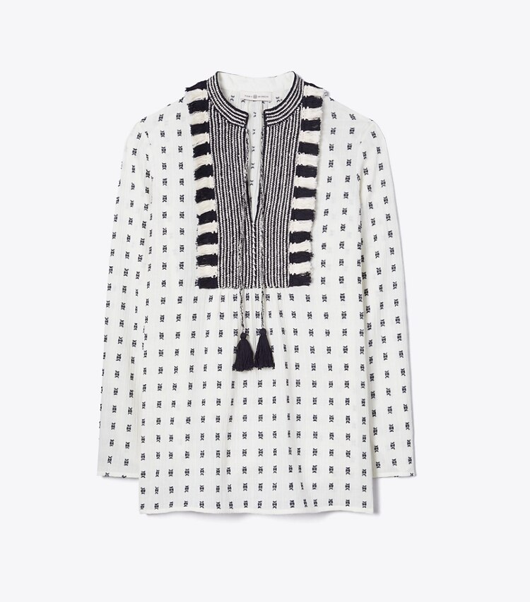 Tory Burch designer tops Tunic with Sweater Tassels in WHITE / NAVY front