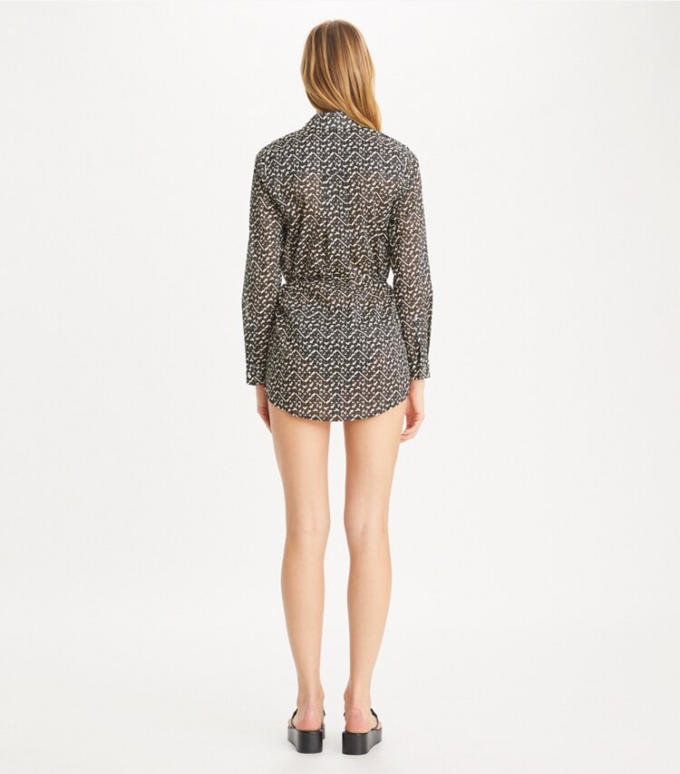 Tory Burch designer copricostume Tunica Brigitte stampata in Black Prismatic T Monogram Small on model back