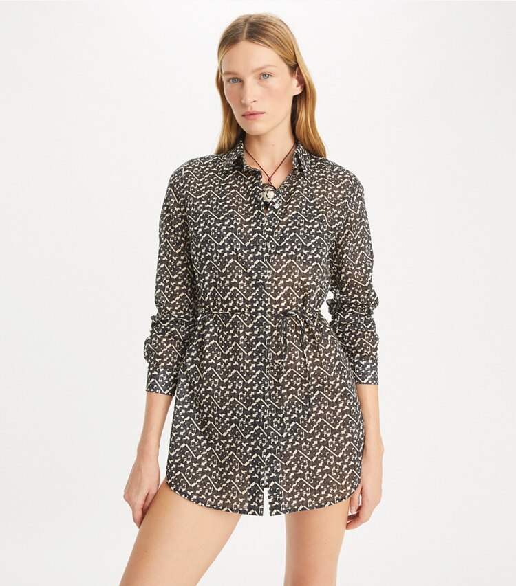 Tory Burch designer copricostume Tunica Brigitte stampata in Black Prismatic T Monogram Small on model detail