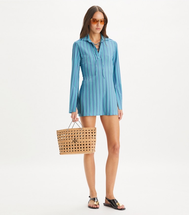 Tory Burch designer tops Tunica in jersey con lacci in Blue Multi Stripe front
