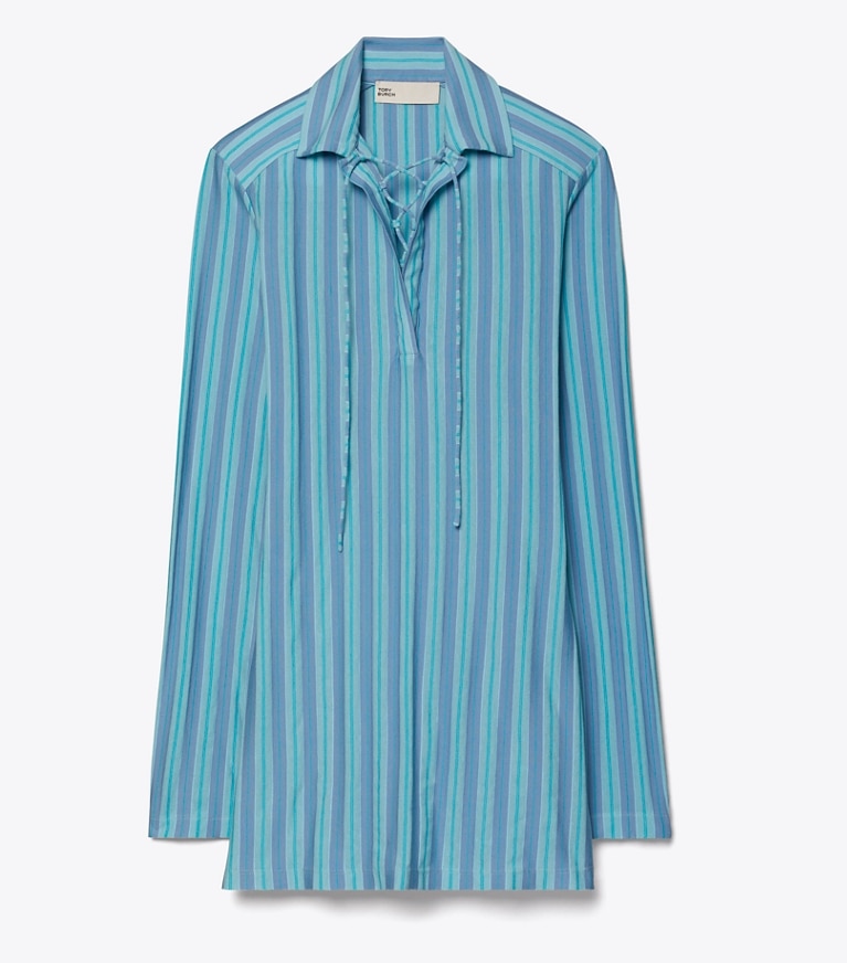 Tory Burch designer tops Tunica in jersey con lacci in Blue Multi Stripe front