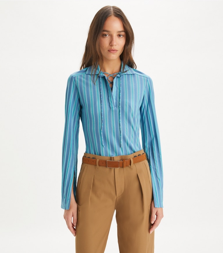 Tory Burch designer tops Tunica in jersey con lacci in Blue Multi Stripe front