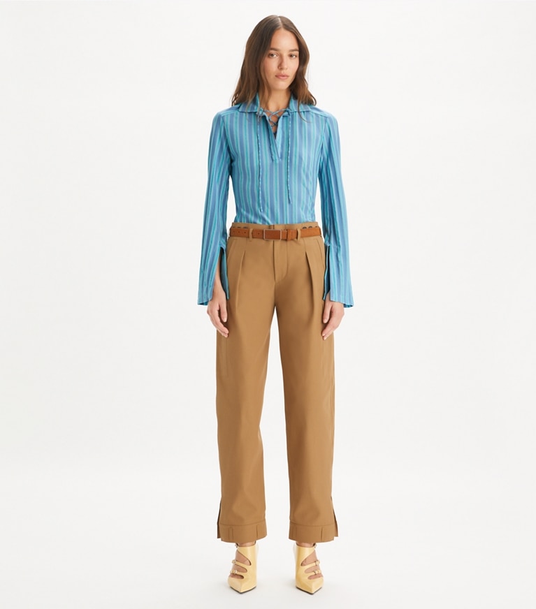 Tory Burch designer tops Tunica in jersey con lacci in Blue Multi Stripe front