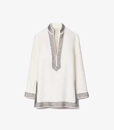 Tory Burch designer tops Tunica in lino decorata in New Ivory front