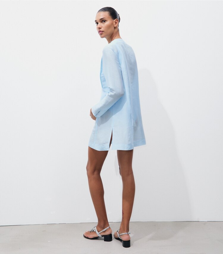 Tory Burch designer copricostume Tunica in lino e seta in Frozen Sky on model back