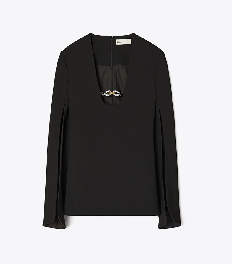 Tory Burch designer tops Tunica Jessa in crêpe con scollo a U in Black front