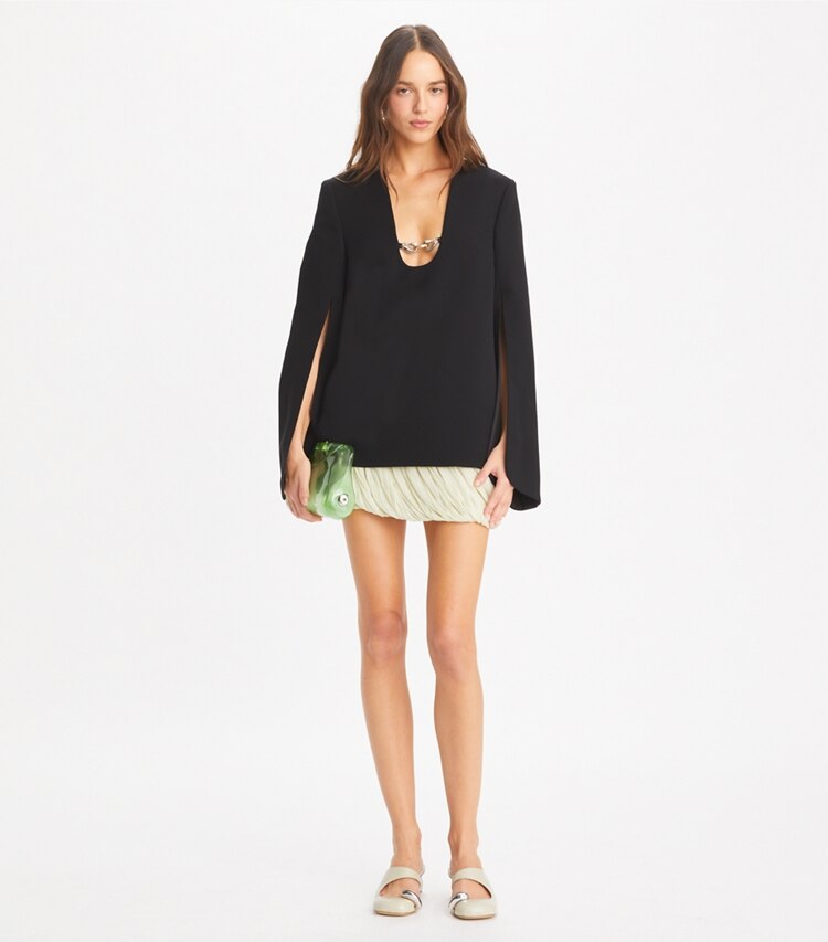 Tory Burch designer tops Tunica Jessa in crêpe con scollo a U in Black parte anteriore su modella