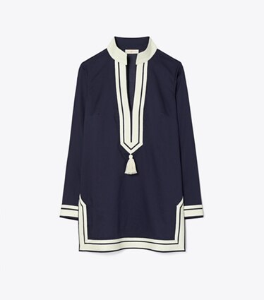 Tory Burch designer copricostume Tunica tono su tono con nappe in TORY NAVY front